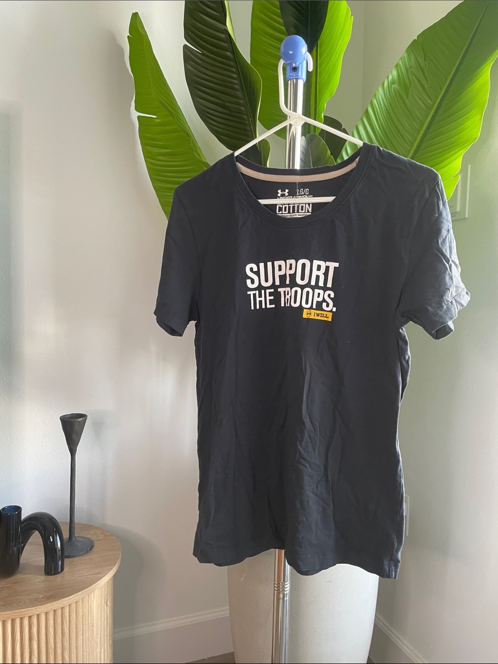 Under Armour Black Tee with White & Yellow Support The Troops Graphic